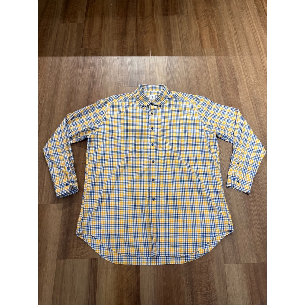 David Donahue Button Down Shirt Mens XXL Yellow Blue Plaid Long Sleeve Cotton